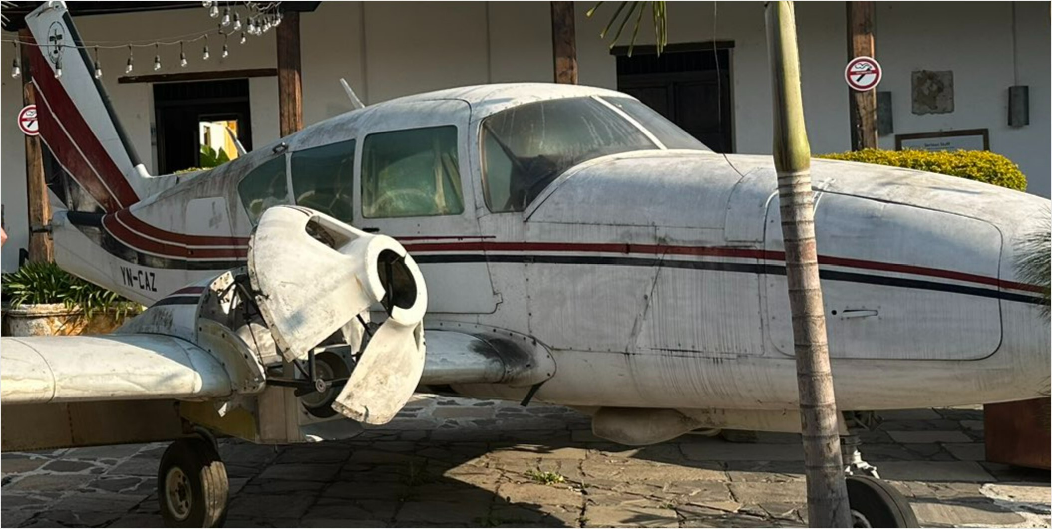 Broken down plane in a coffee shop courtyard