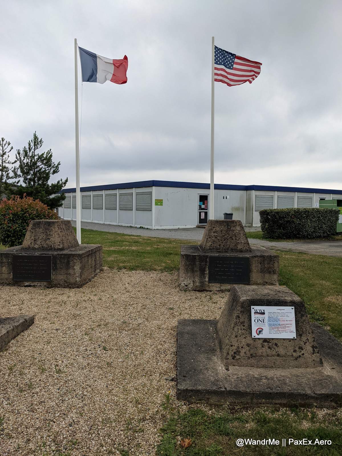 US and French flags flying at the St Viaud World War I aero-naval memorial